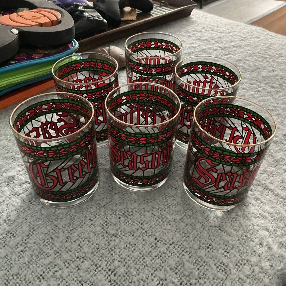 Vintage 1979 Houze Season’s Greetings Stained Glass Tumblers Set of 6